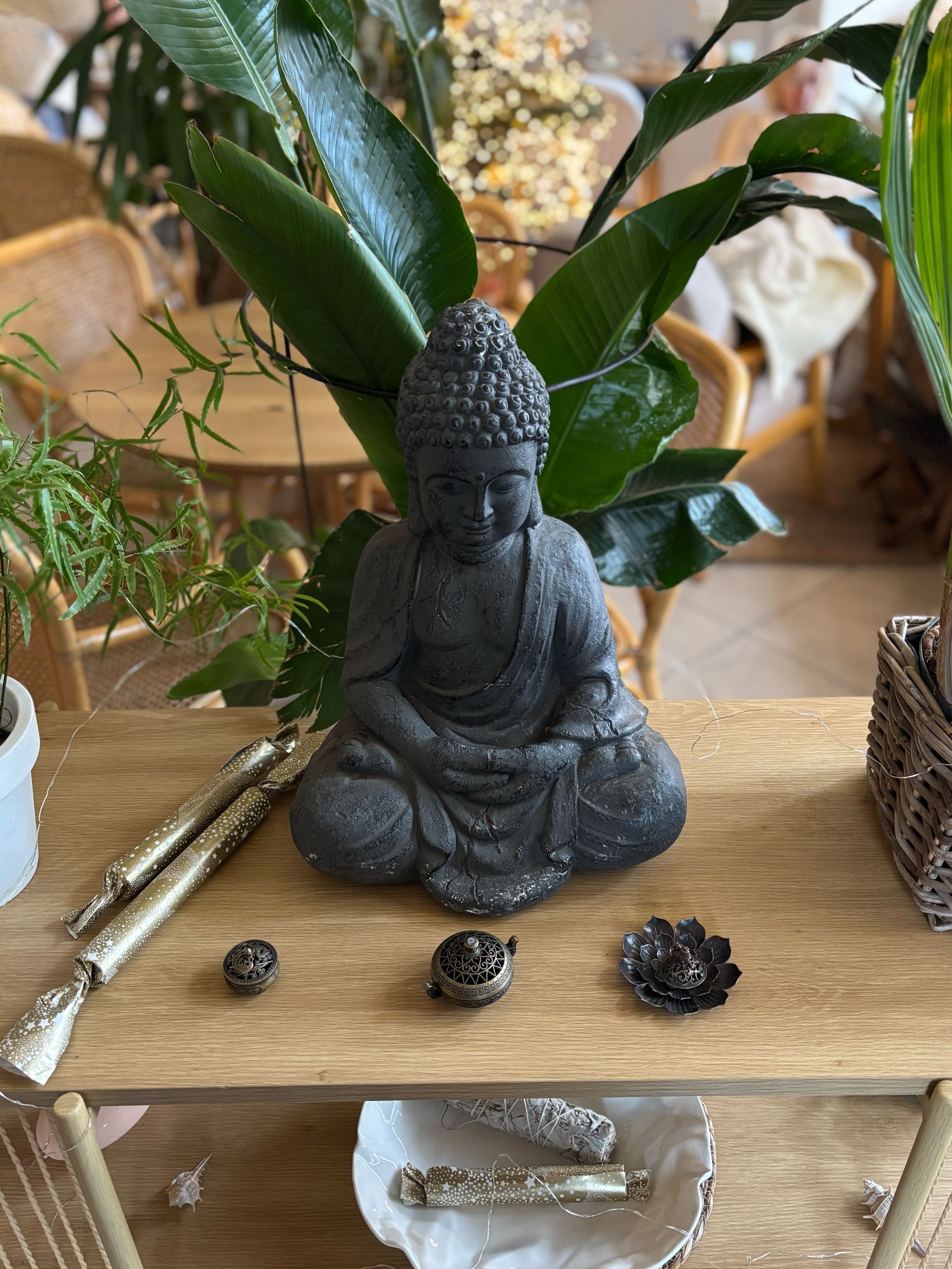 Peaceful Buddha statue surrounded by plants and natural decor for a calming atmosphere.